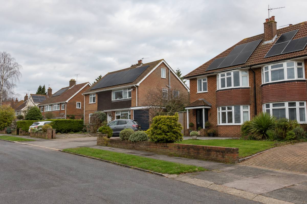 Suburban street of 1930s semi-detached and 1960s detached brick houses with red-brown tile roofs and black solar panels, with driveways and a parked car