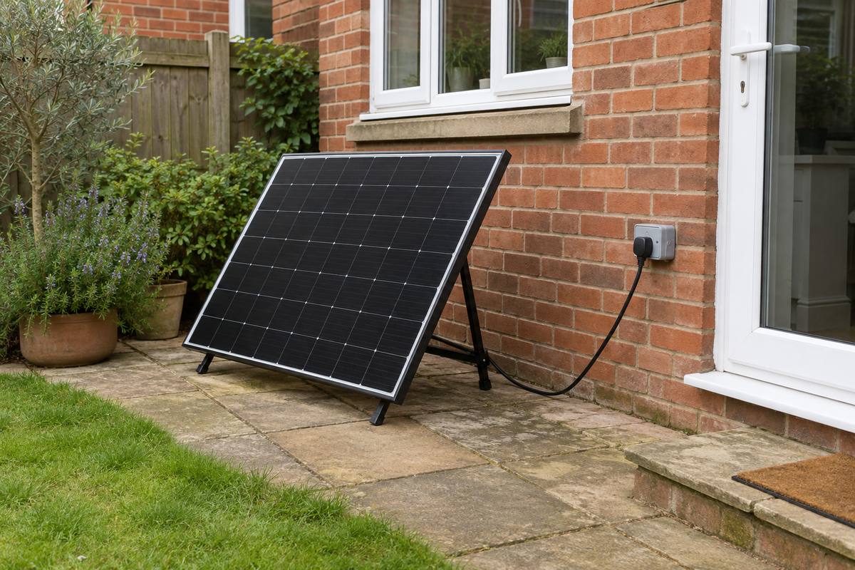 Single black plug-in solar panel on a folding stand on a patio against a brick wall, with a lead running to a UK outdoor socket beside the patio door
