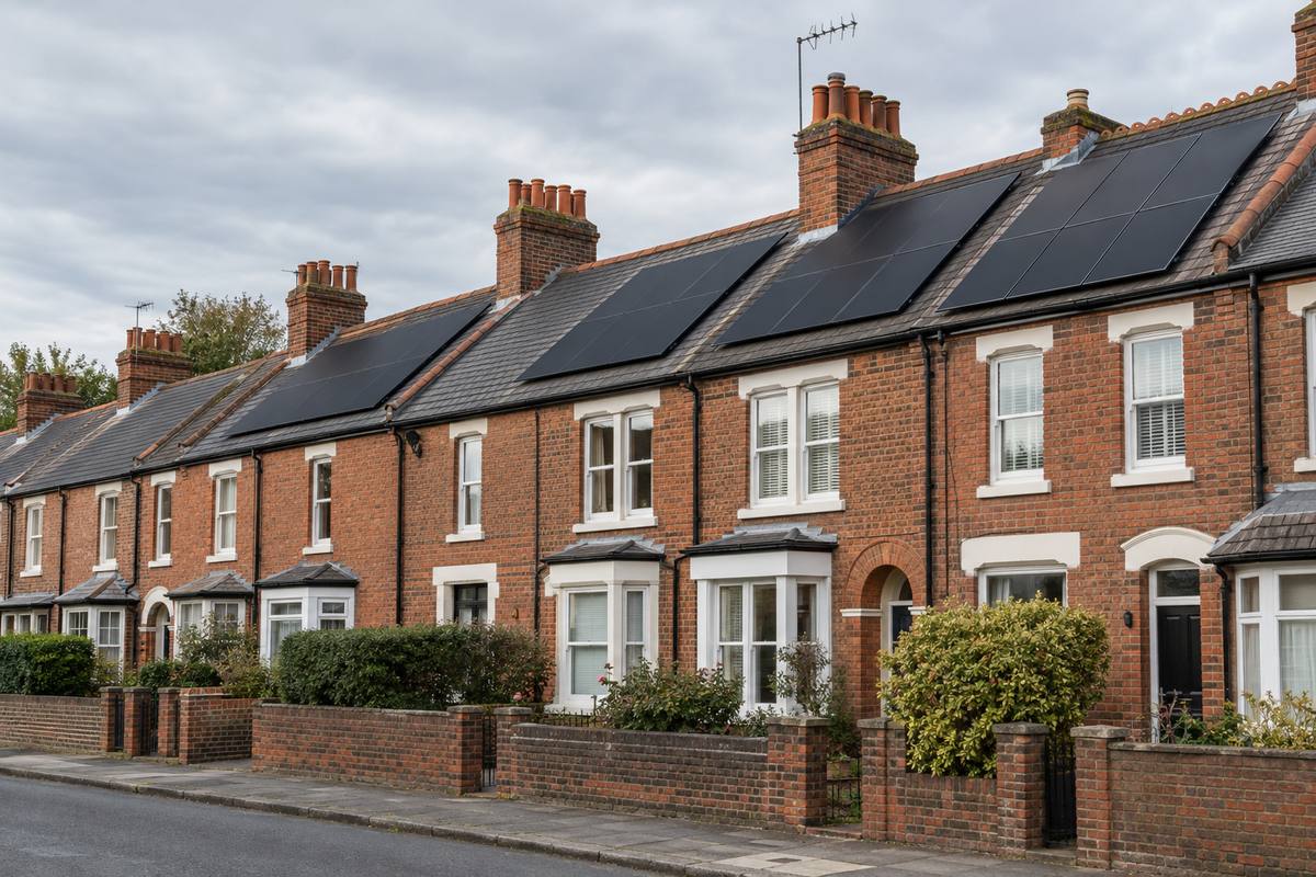 Terrace of red-brick Victorian houses with bay windows and slate roofs carrying black solar panel arrays under a bright overcast sky